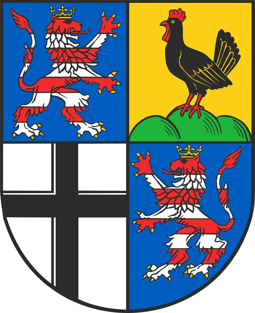 Wappen Wartburgkreis, viergeteilter Schild, In Feld 1 und 4 rot-silberner Löwe, Feld 2 zeigt eine schwarze Henne, Feld 3 ein schwarzes Kreuz
